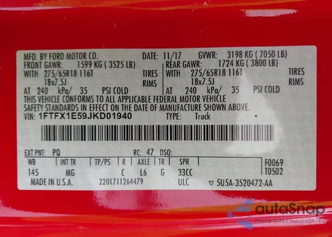 2018 Ford F-150 Xlt из США, поврежденный, VIN 1FTFX1E59JKD01940